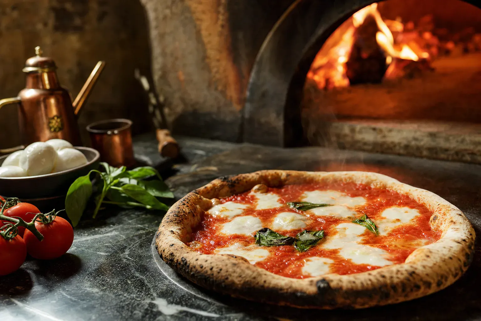 Illustration retraçant l'histoire de la pizza napolitaine, de la galette de pain à la Margherita cuite au feu de bois