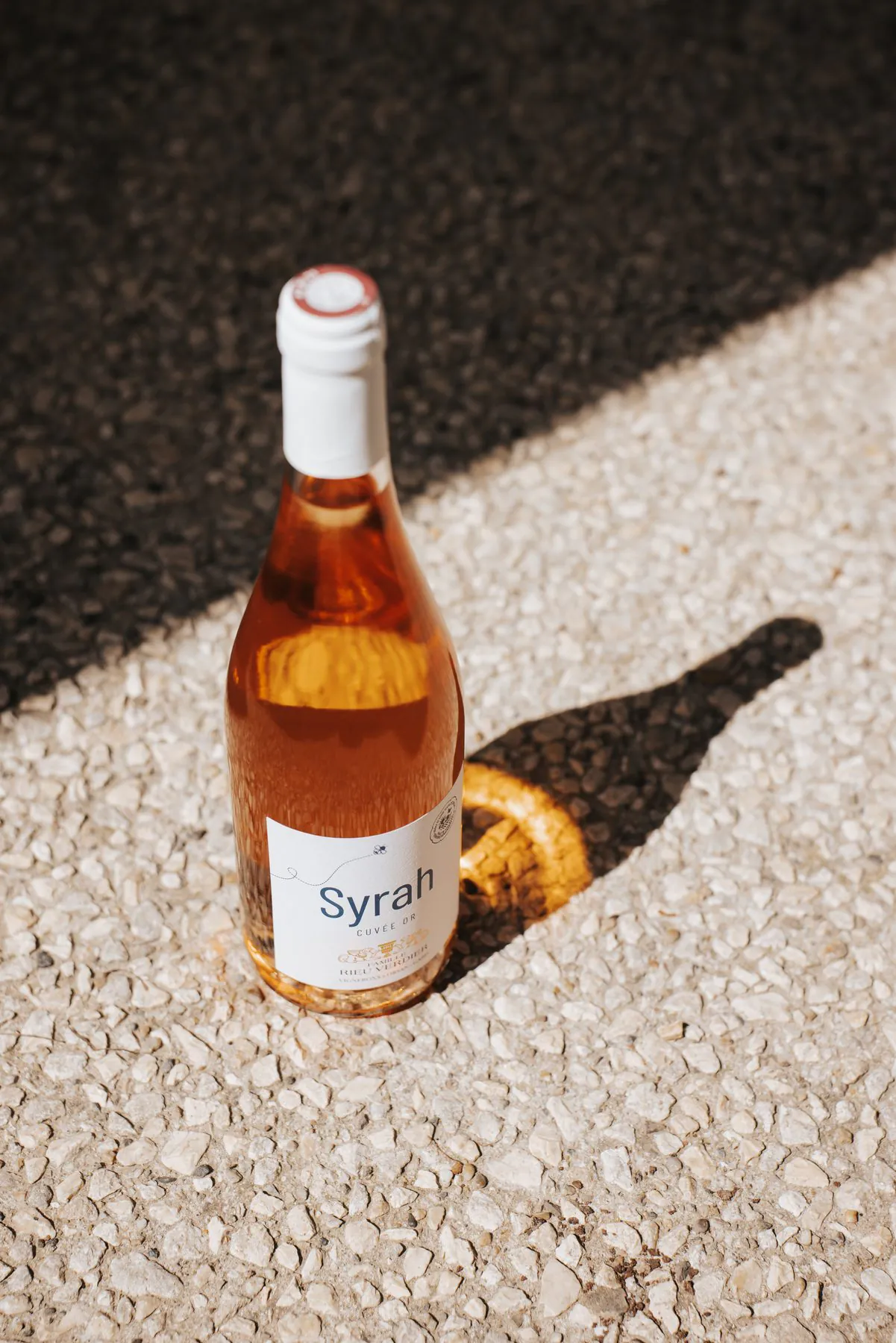 Une bouteille de Syrah au soleil, sur le gravier de la cour