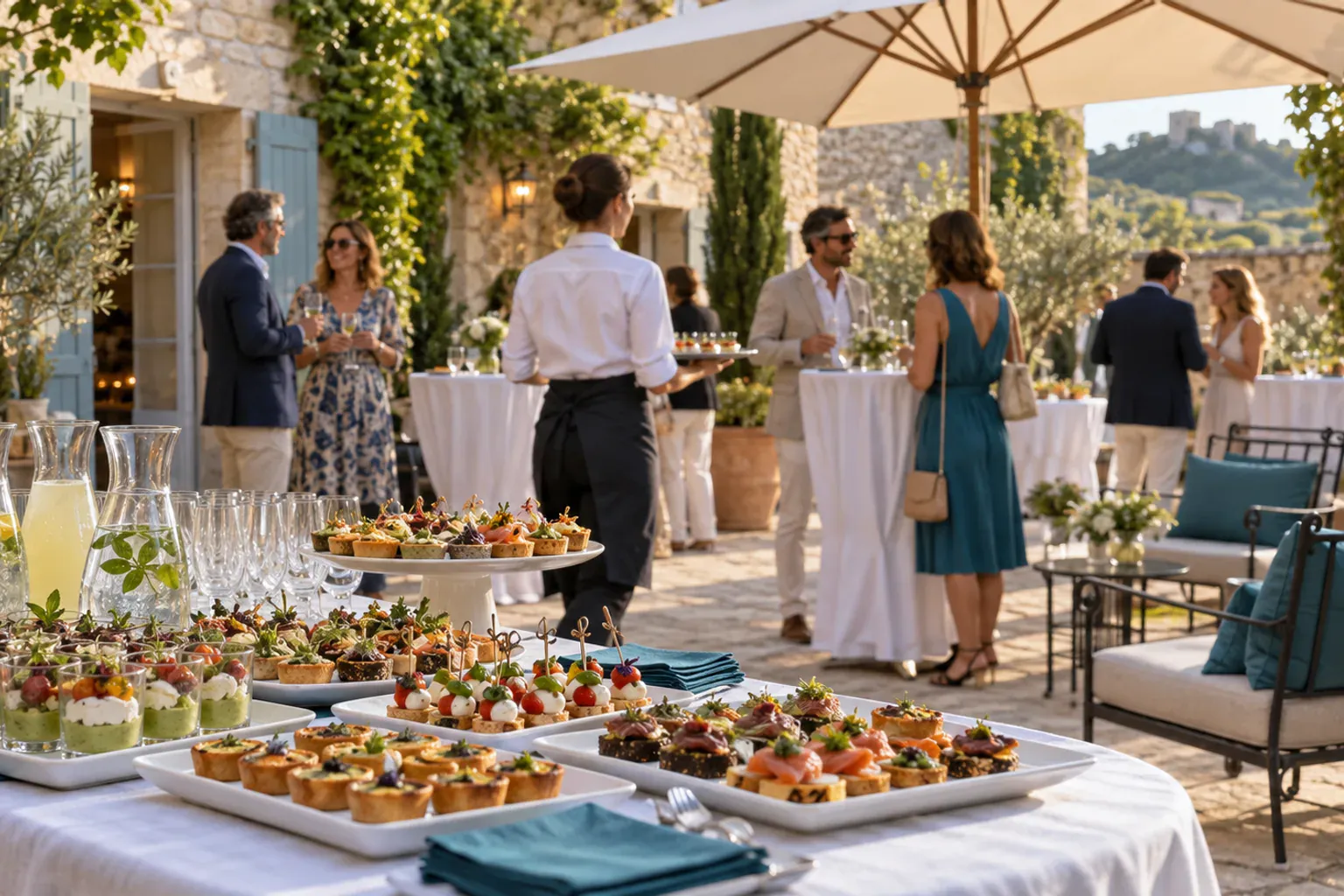 Invités attablés en terrasse ensoleillée devant un café-restaurant provençal, verres en main, ambiance de réception conviviale