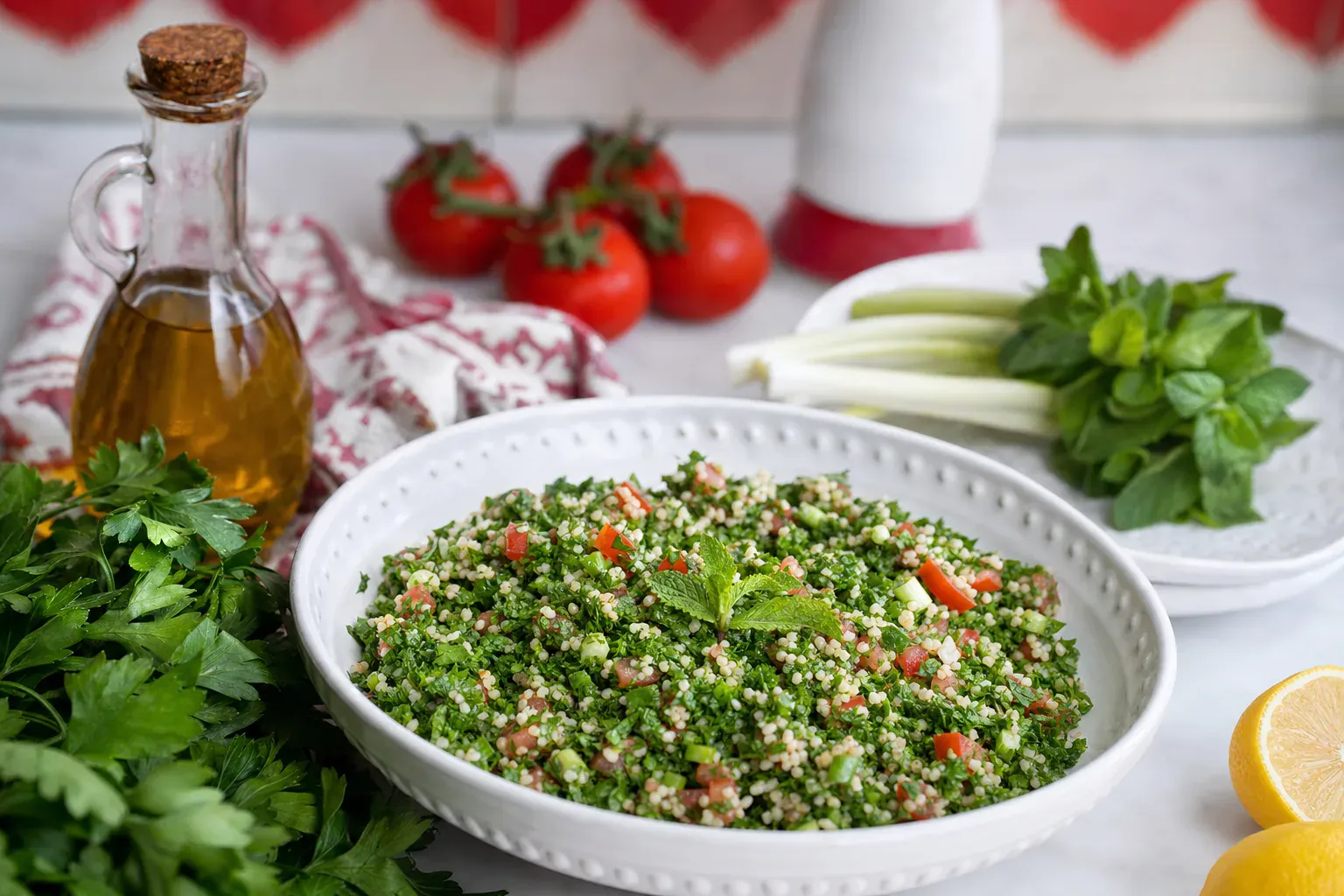 Illustration d'un taboulé libanais : persil plat, boulgour fin, tomate et citron sur une table