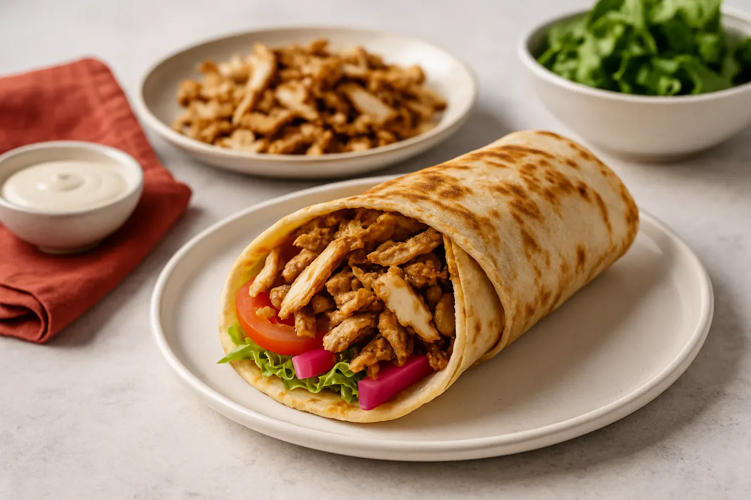 Illustration éditoriale du chawarma poulet libanais, poulet mariné cuit à la broche verticale