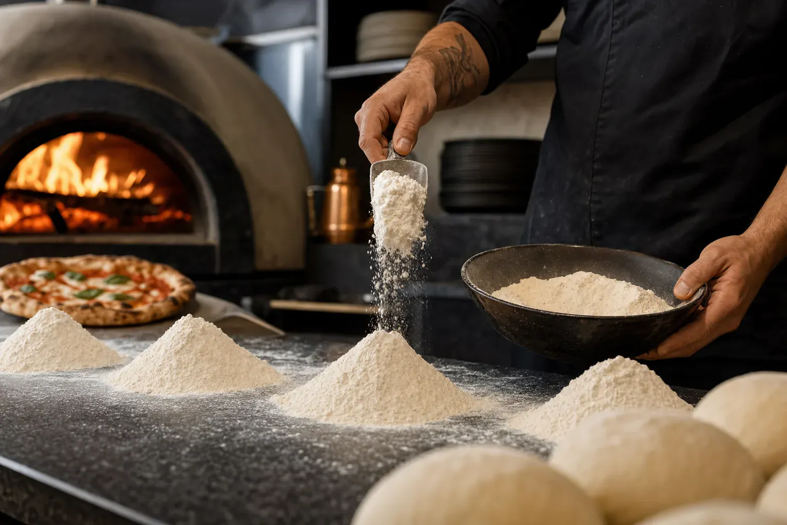 Quelle farine pour la pâte à pizza : illustration des différents types de farine et d'une pâte à pizza