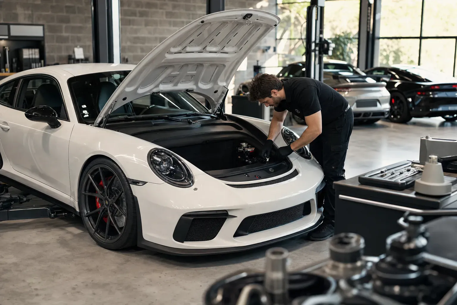 Mécanicien de l'atelier penché sur le moteur d'une voiture pendant une révision