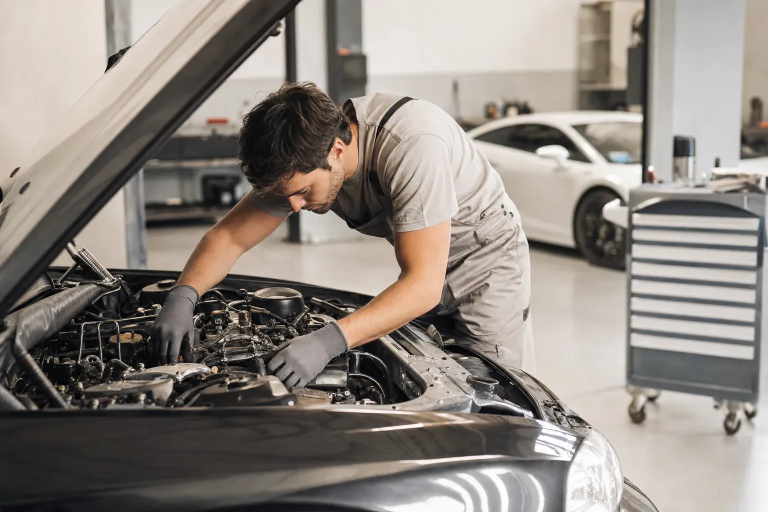 Bernis Factory mechanic working on an engine with safety glasses