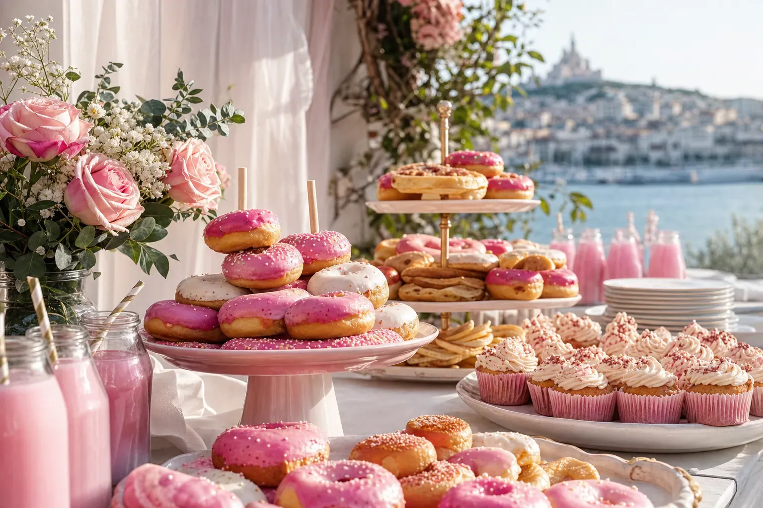 Illustration d’un buffet sucré de mariage et de son budget, donuts et mignardises présentés sur une table