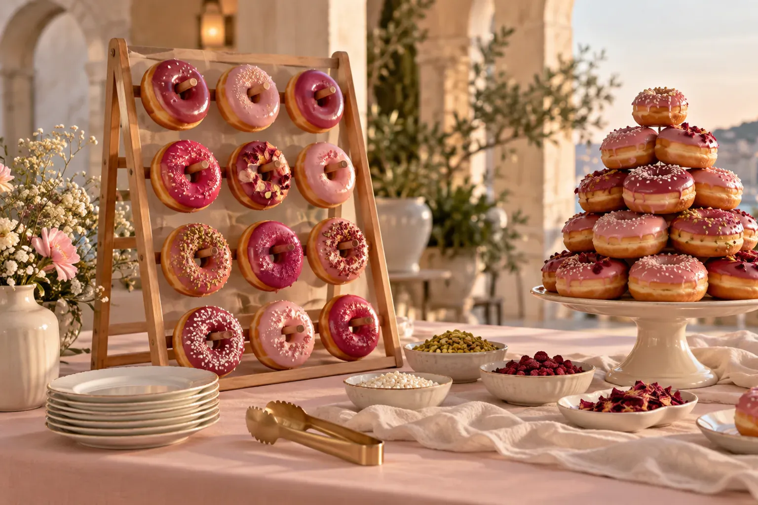Illustration d’un donut wall face à une pièce montée, les deux desserts de mariage comparés côte à côte