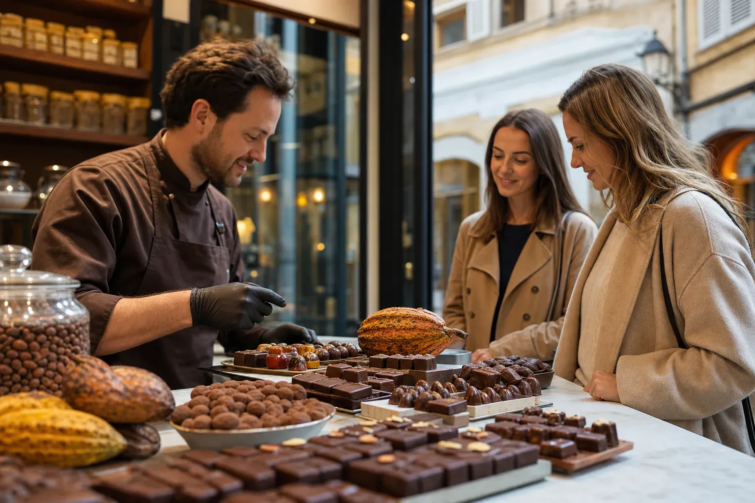 Illustration gourmande des chocolatiers artisanaux d'Aix-en-Provence, tablettes et pralinés dans le centre historique