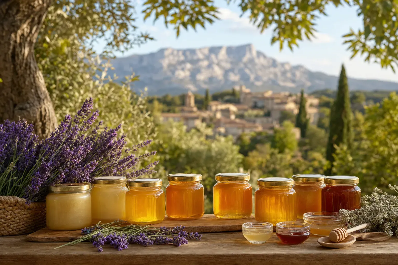 Pots de miel de lavande de Provence dorés, entourés de brins de lavande en fleurs