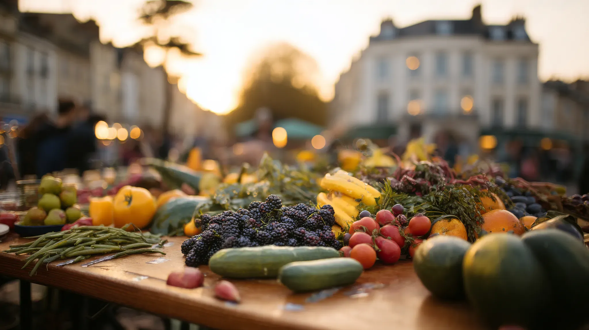 Etal de marche debordant de fruits et legumes frais devant les facades du centre historique d'Aix-en-Provence