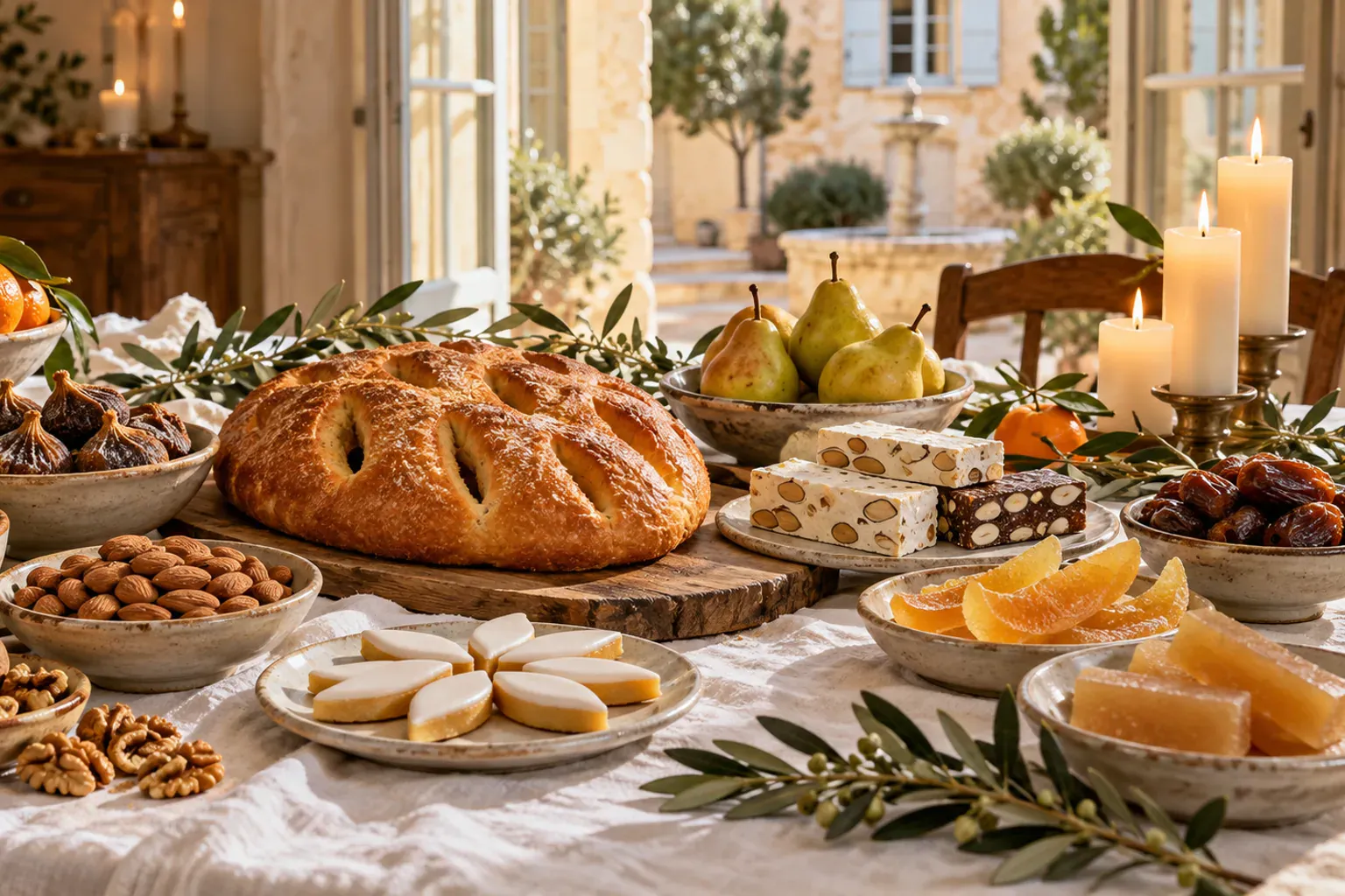 Illustration de la table des 13 desserts de Provence dressée pour Noël à Aix-en-Provence