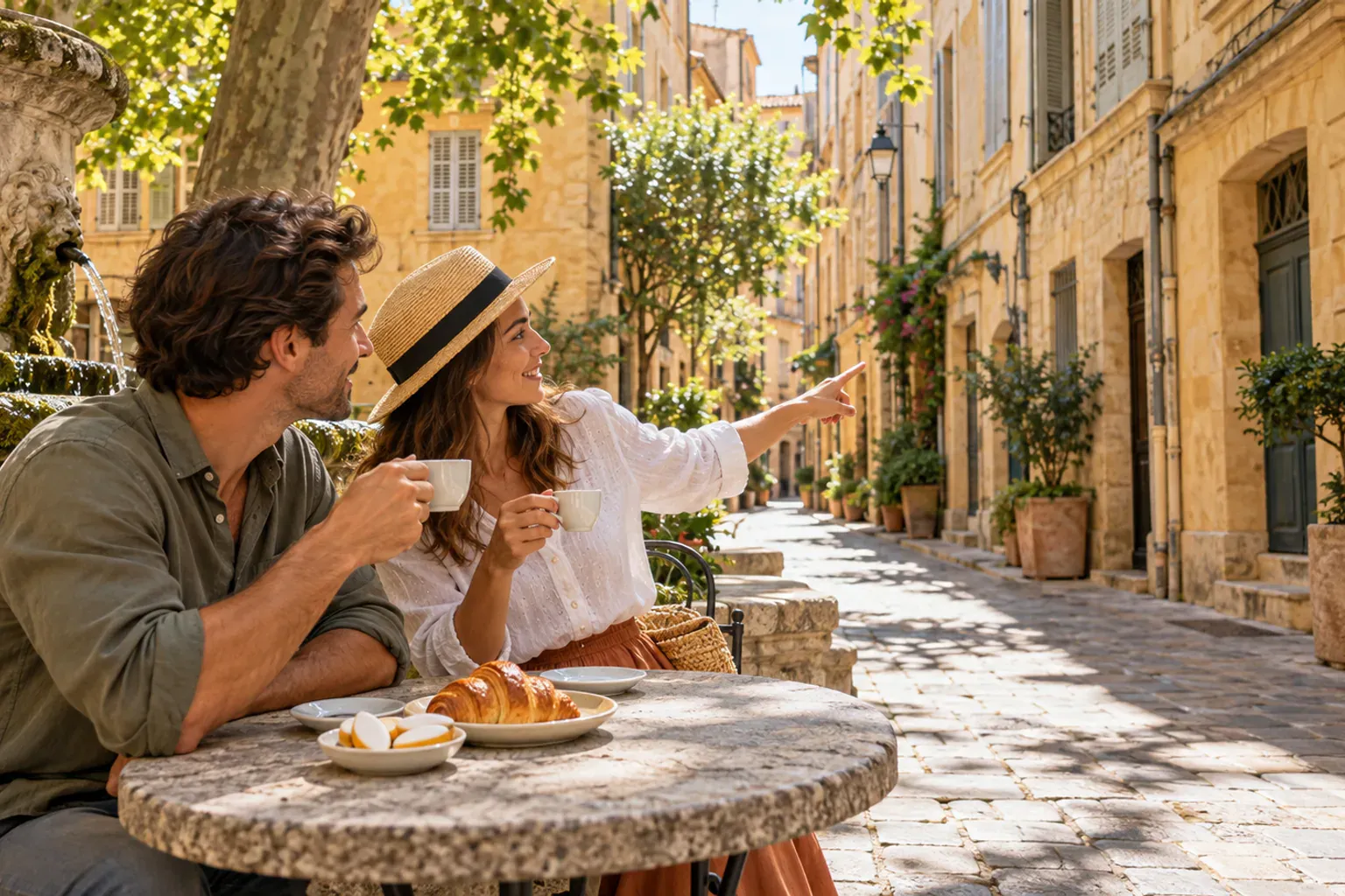 Illustration d'une journée à Aix-en-Provence, du marché du matin à l'apéritif sur le Cours Mirabeau
