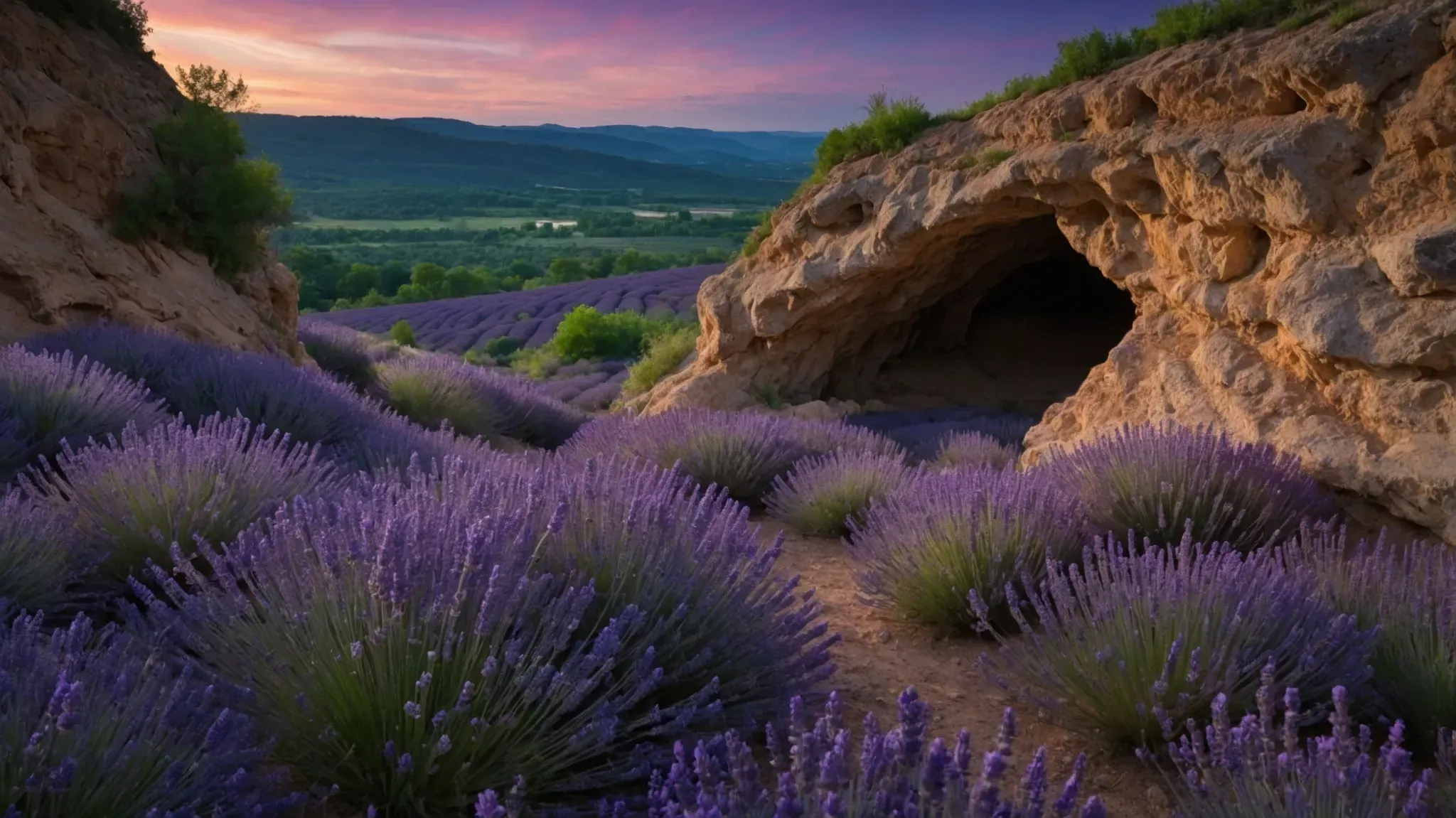 Champ de lavande en fleurs au crépuscule dans les paysages de Provence, autour d'Aix