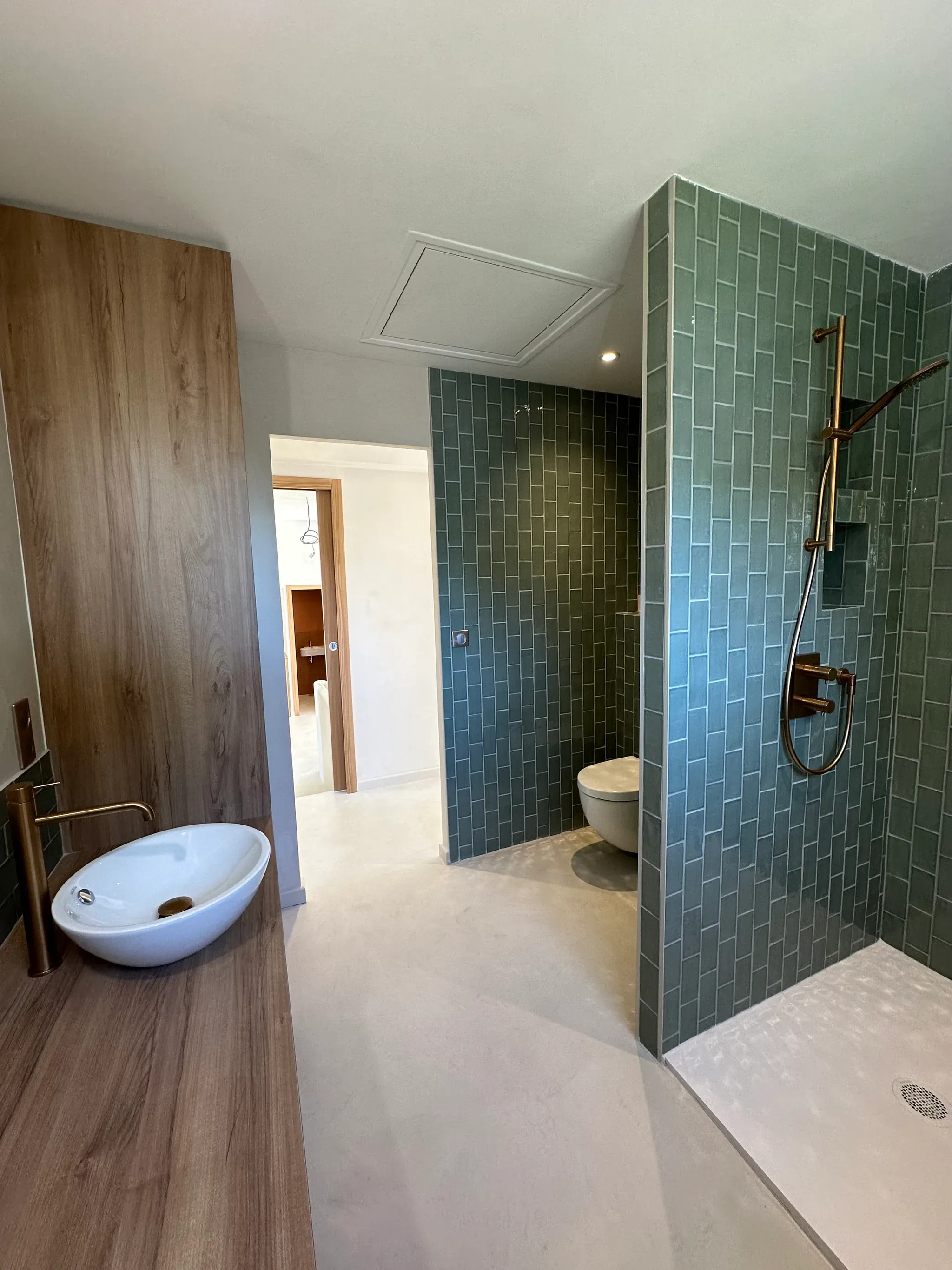 Salle de bain moderne avec douche à l'italienne et carrelage vert
