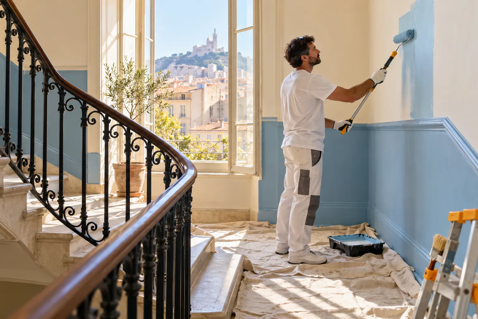 Couloir de parties communes d'un immeuble menant à la porte de l'ascenseur