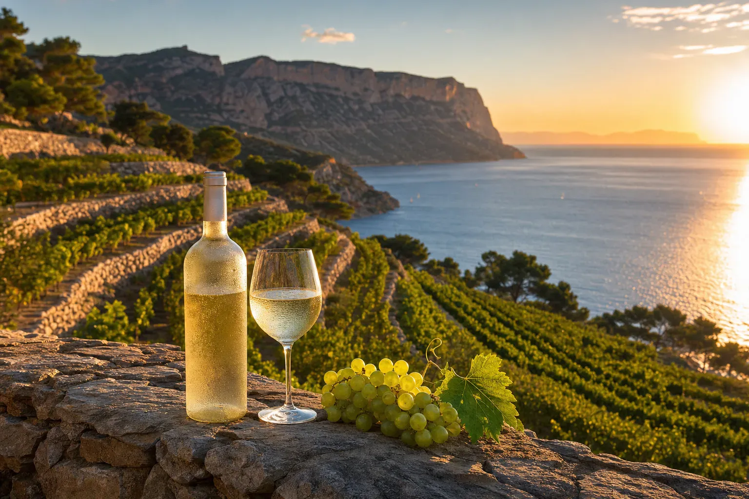 Vignes de l'AOC Cassis face à la mer et verre de vin blanc au coucher du soleil