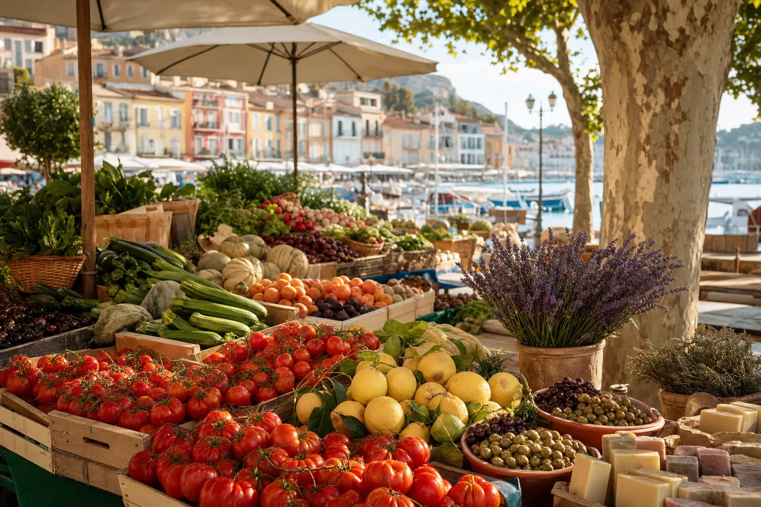Le marché provençal de Cassis, ses étals de fruits, légumes et lavande près du port