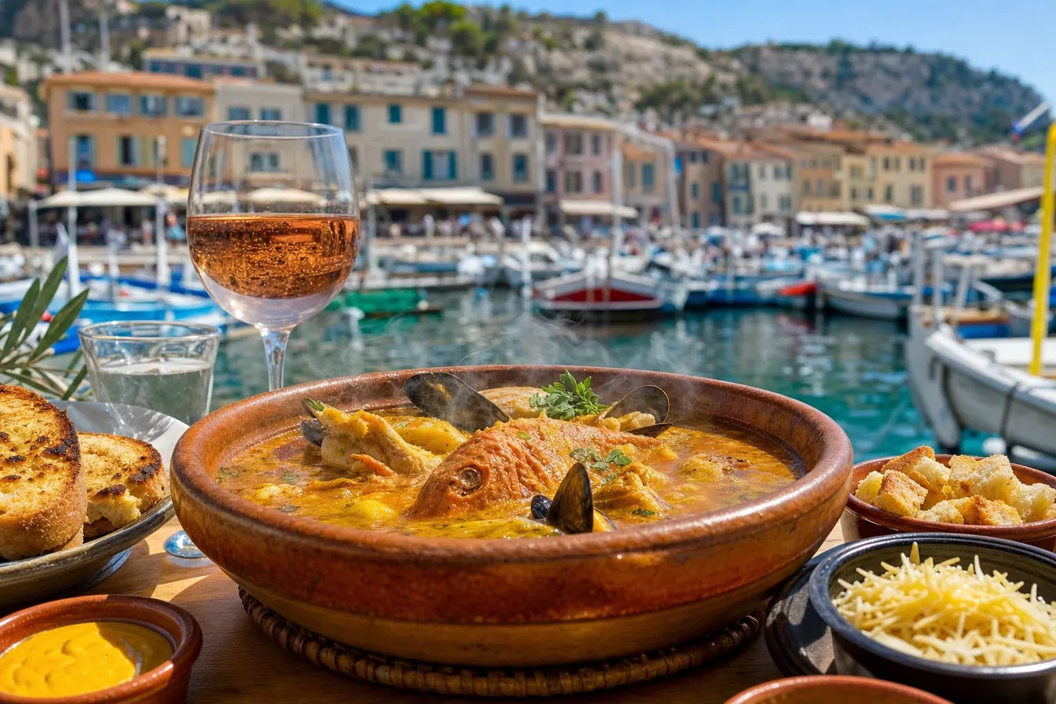 Bouillabaisse provençale servie sur une terrasse face au port de Cassis