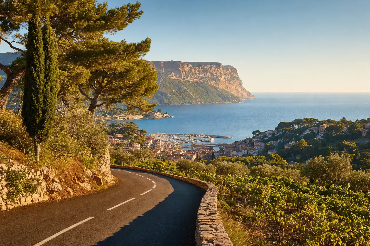 Arriving in Cassis: the road down to the village and its harbour among pines and vines