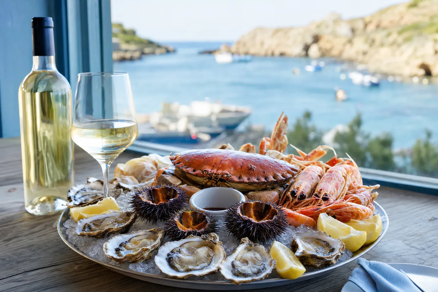 Plateau de fruits de mer et verre de vin blanc, face à une calanque de Cassis