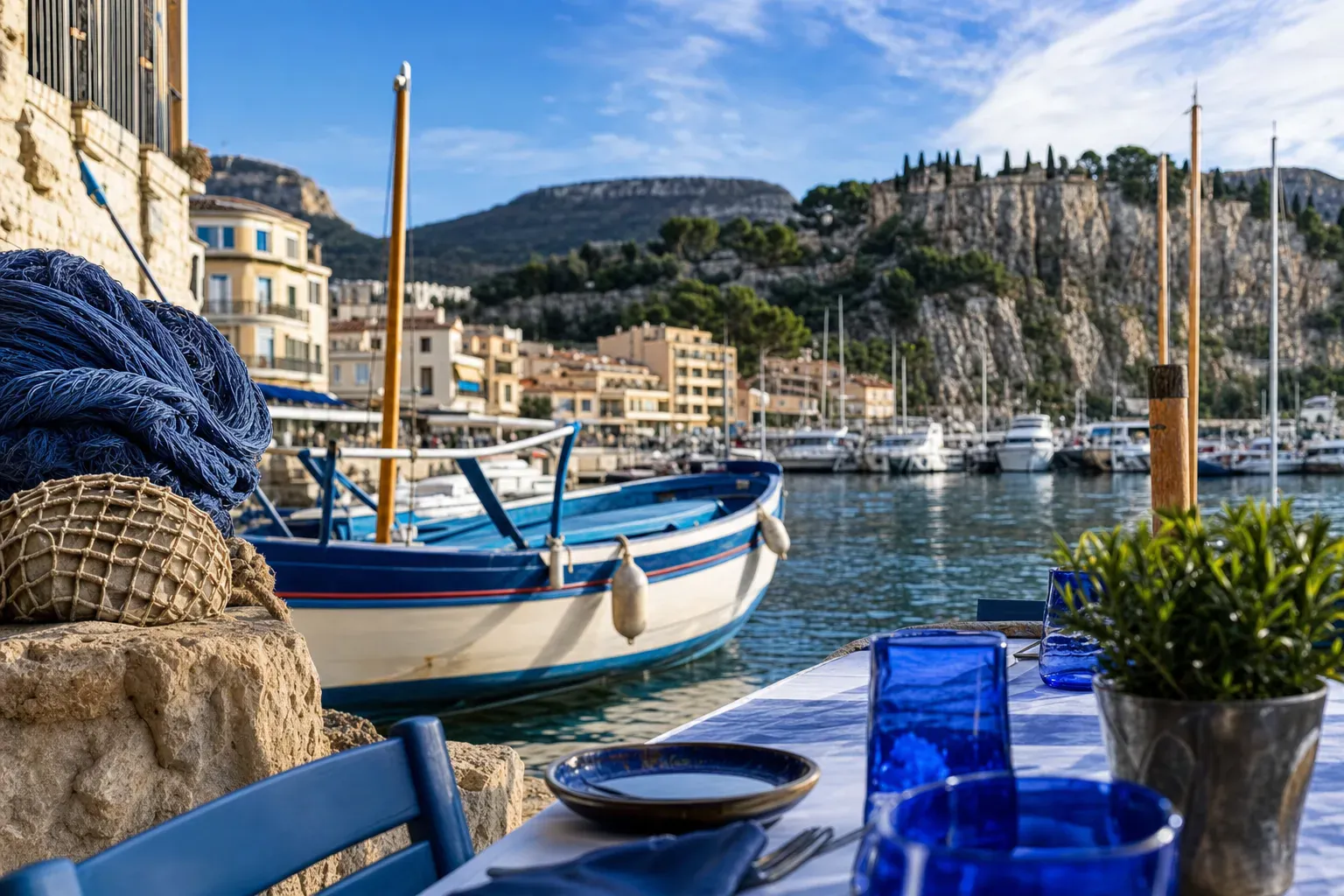 Le port de Cassis, ses pointus et la falaise du Cap Canaille, vus depuis une table de terrasse