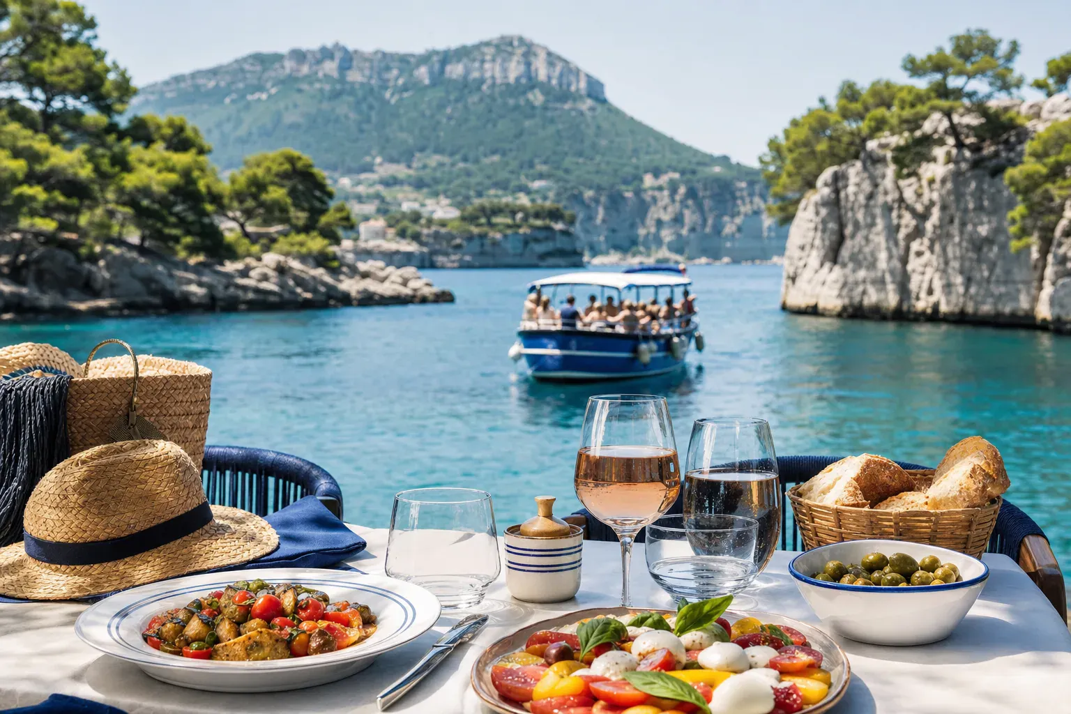 Bateau de promenade dans une calanque de Cassis aux eaux turquoise, vu d'une table dressée en terrasse