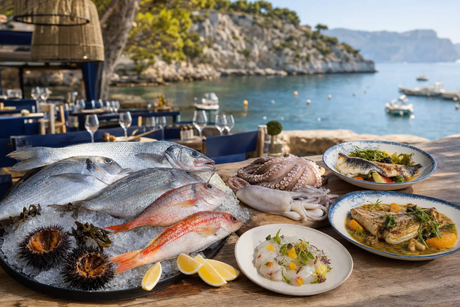 Étal de poissons méditerranéens frais et plats cuisinés, en terrasse face à la mer de Cassis