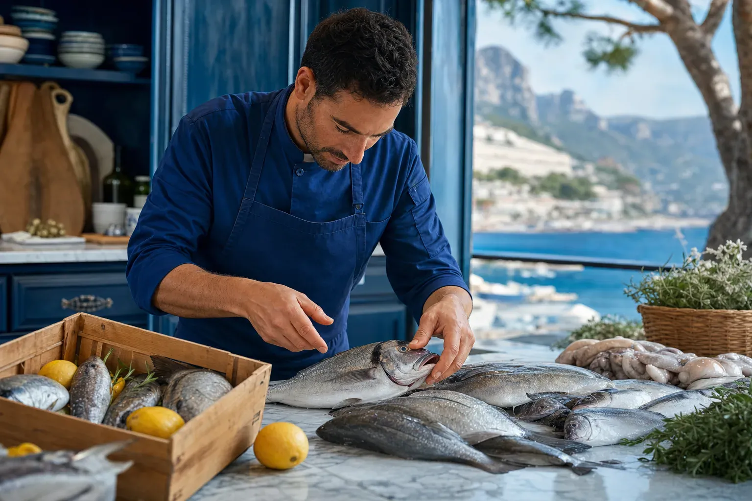 Poissons entiers frais choisis en cuisine, face au port de Cassis