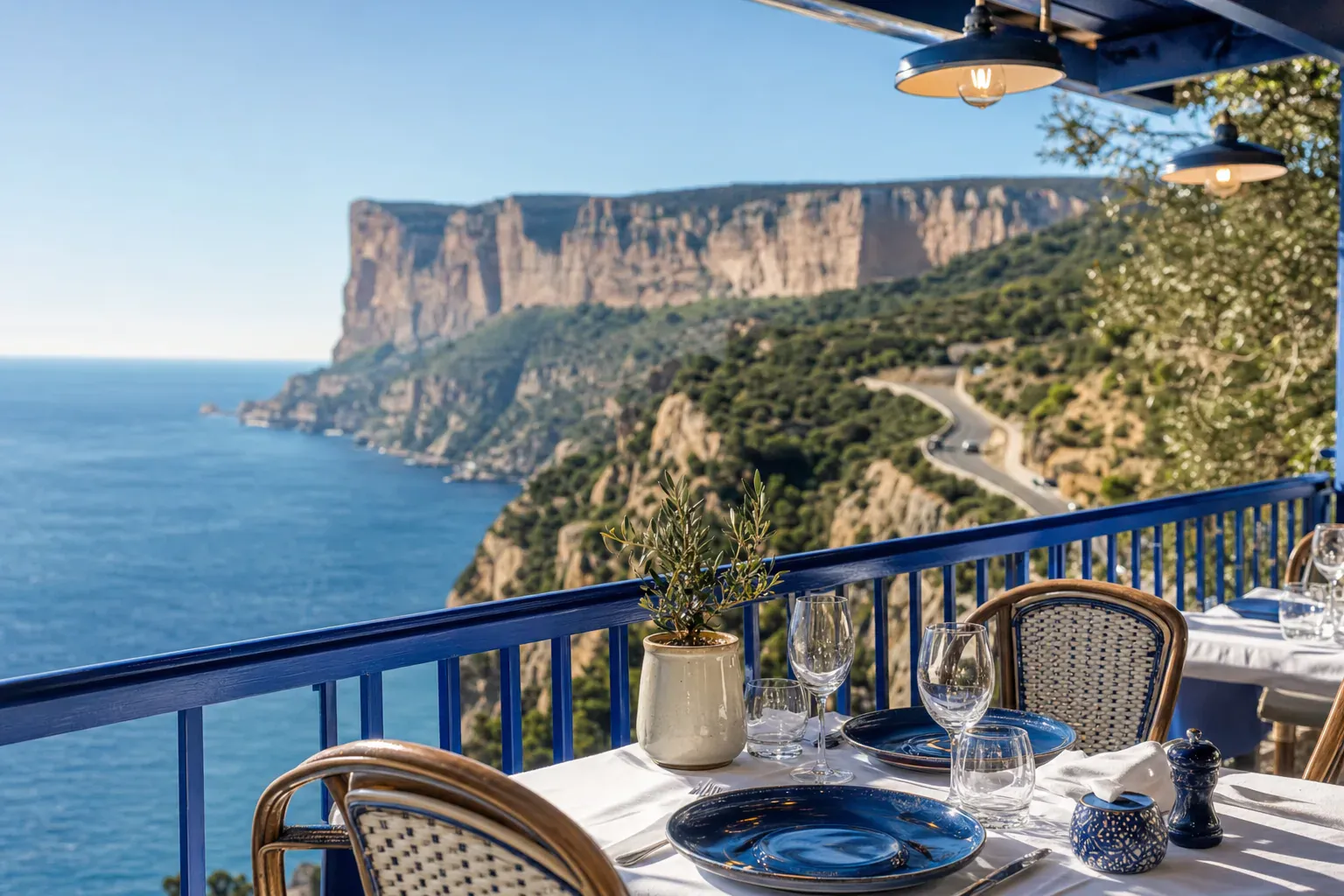 Panoramic view over the bay of Cassis, the village and the Cap Canaille cliff from the heights