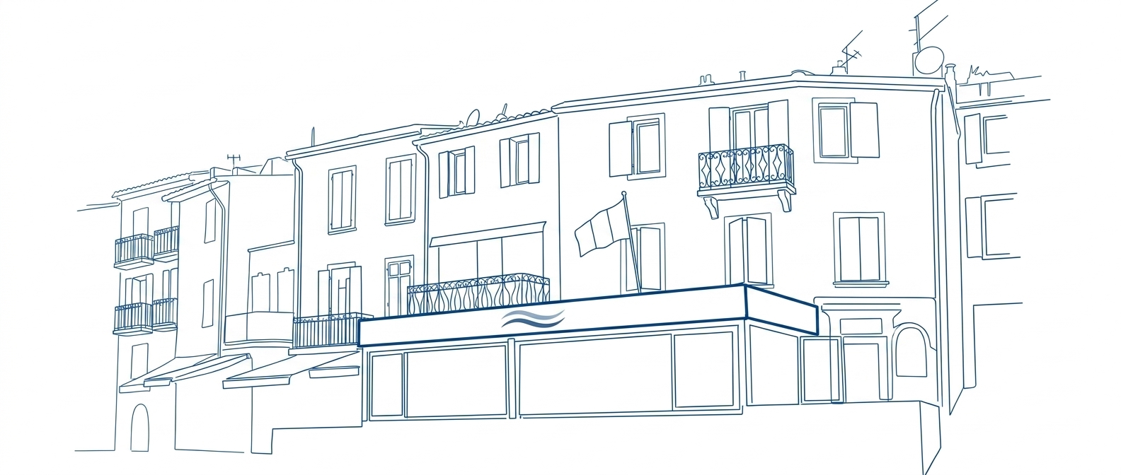 Le Bistrot de Nino, illustration line art de la façade sur le port de Cassis