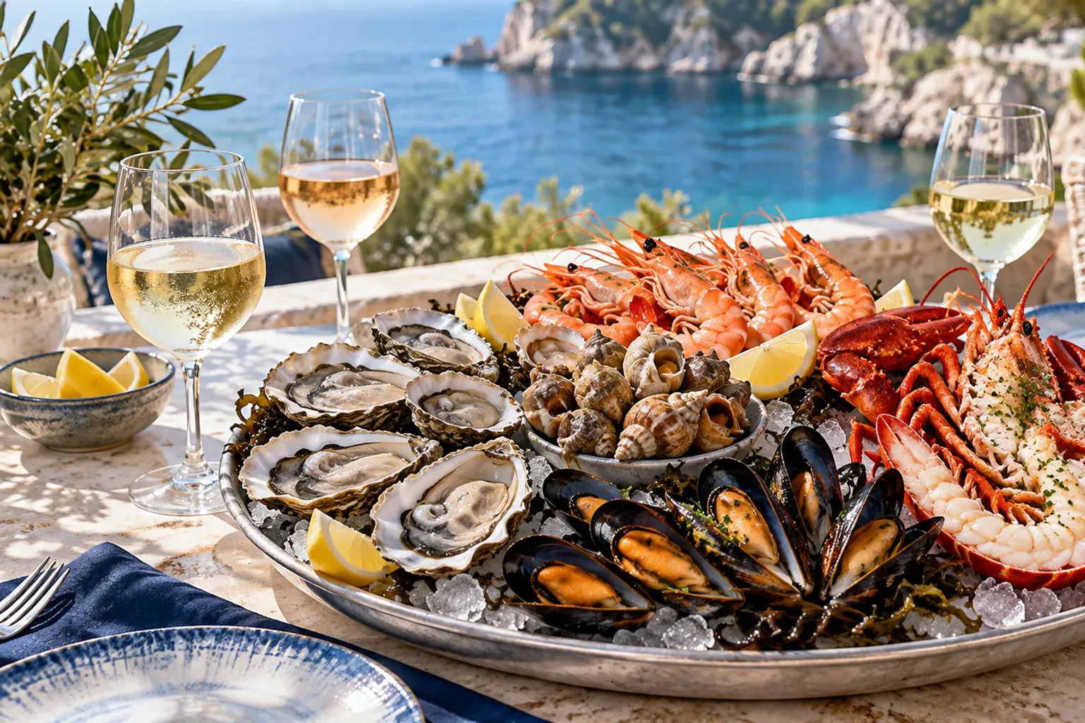 Illustration d'un plateau de fruits de mer et de verres de vin blanc, guide des accords du Bistrot de Nino