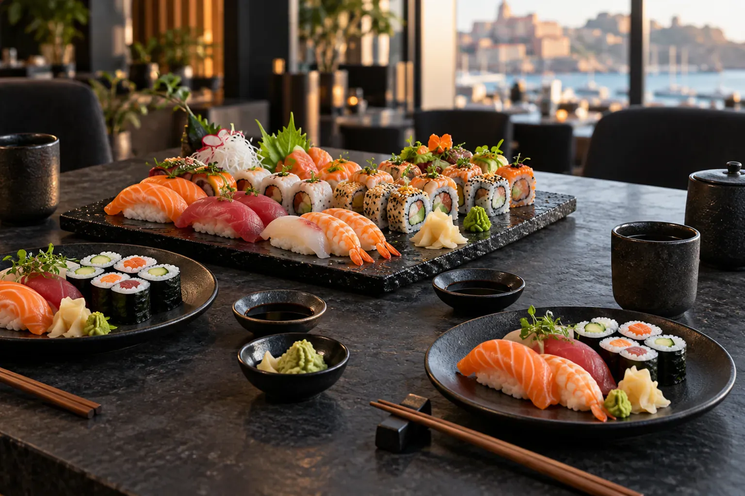 Assiette de makis au saumon et à l'avocat sur feuille de bambou, avec wasabi et gingembre