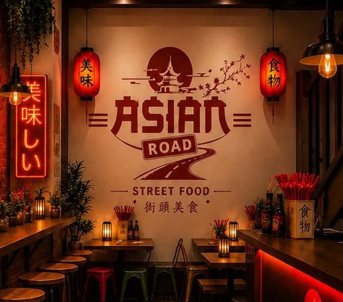 Logo mural ASIAN ROAD entouré de lanternes rouges