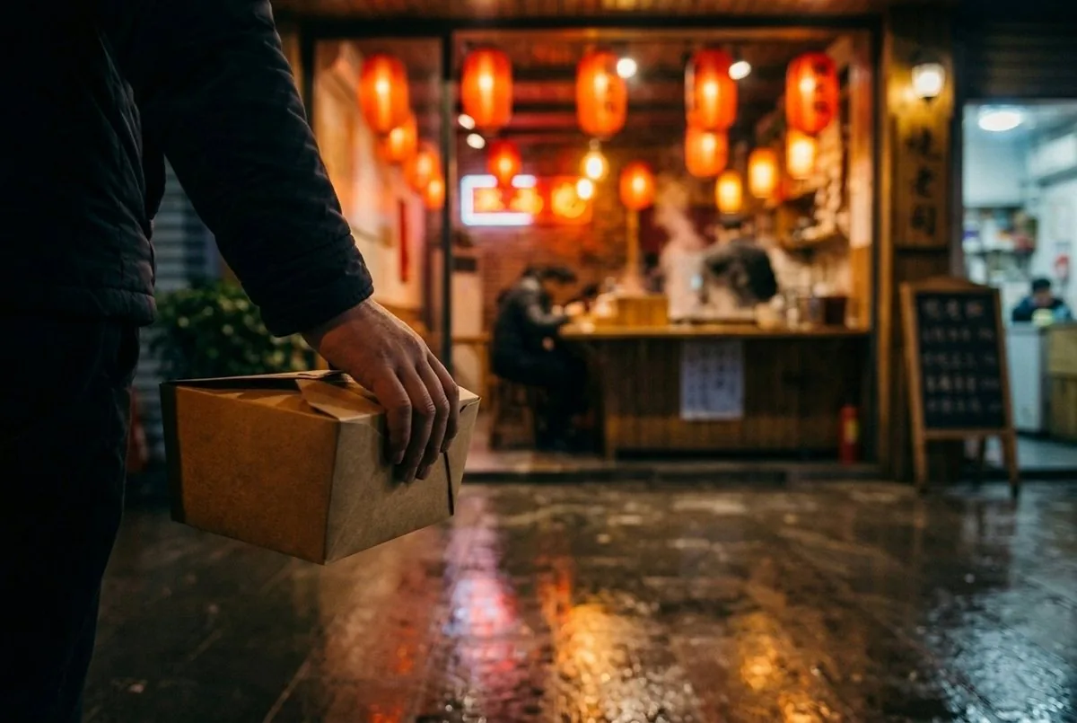 Une main emporte la box kraft fermée, la rue mouillée derrière