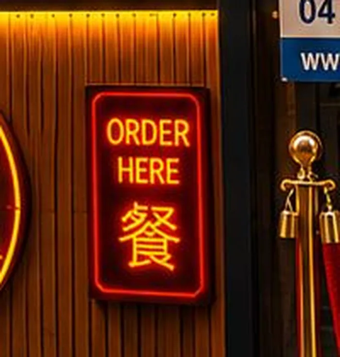 Néon « ORDER HERE » au-dessus du comptoir de commande