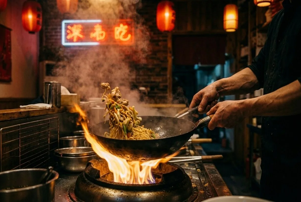 Le wok en pleine flambée, nouilles et légumes en l'air