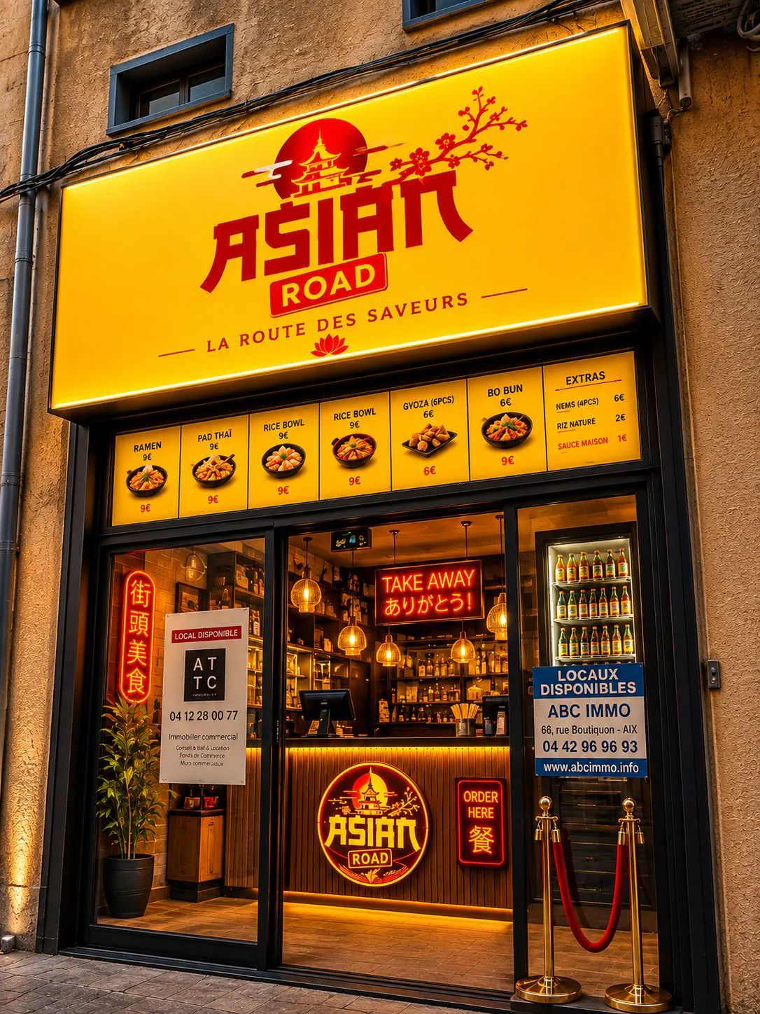 Devanture du restaurant : enseigne jaune ASIAN ROAD, la route des saveurs