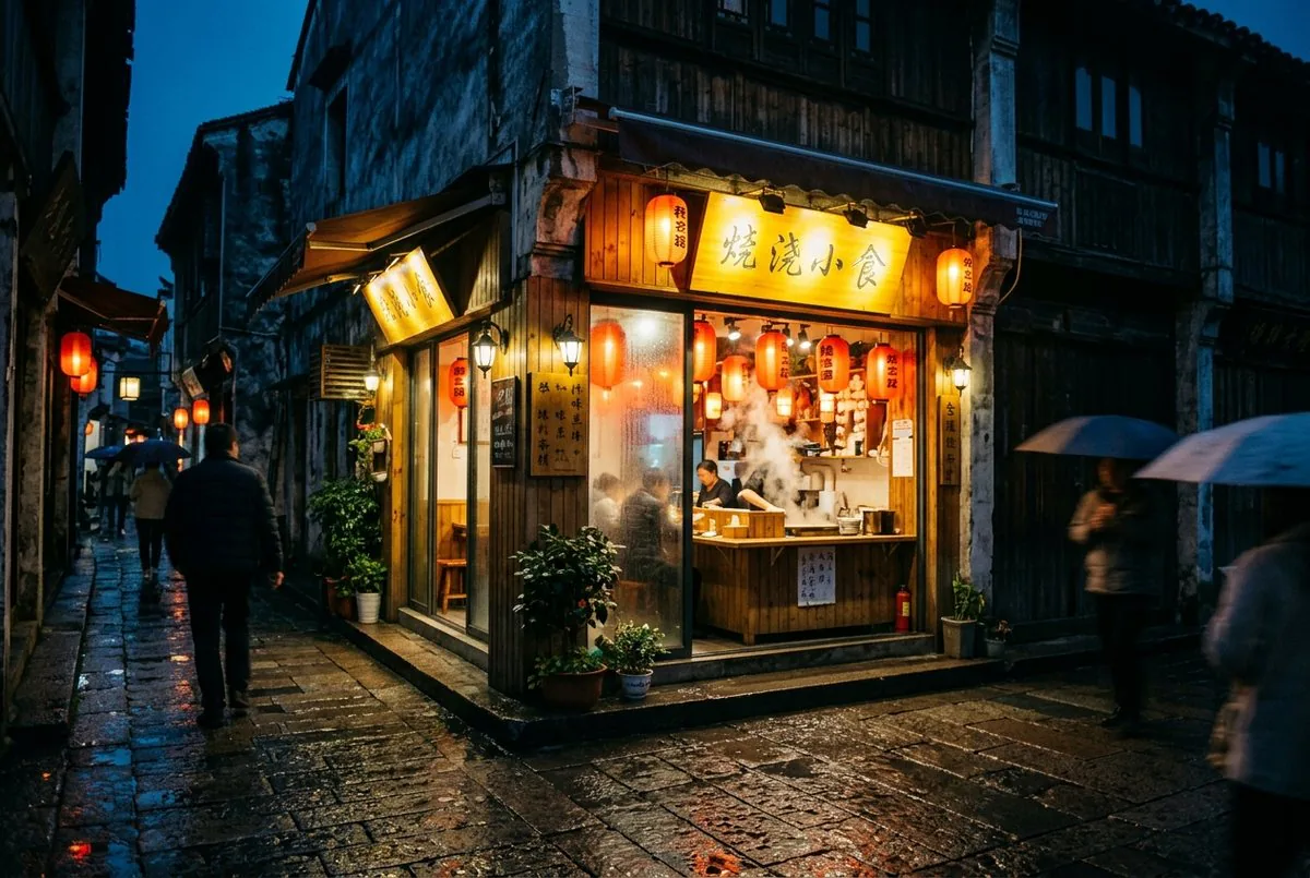 La devanture éclairée vue depuis le trottoir d'en face, la nuit