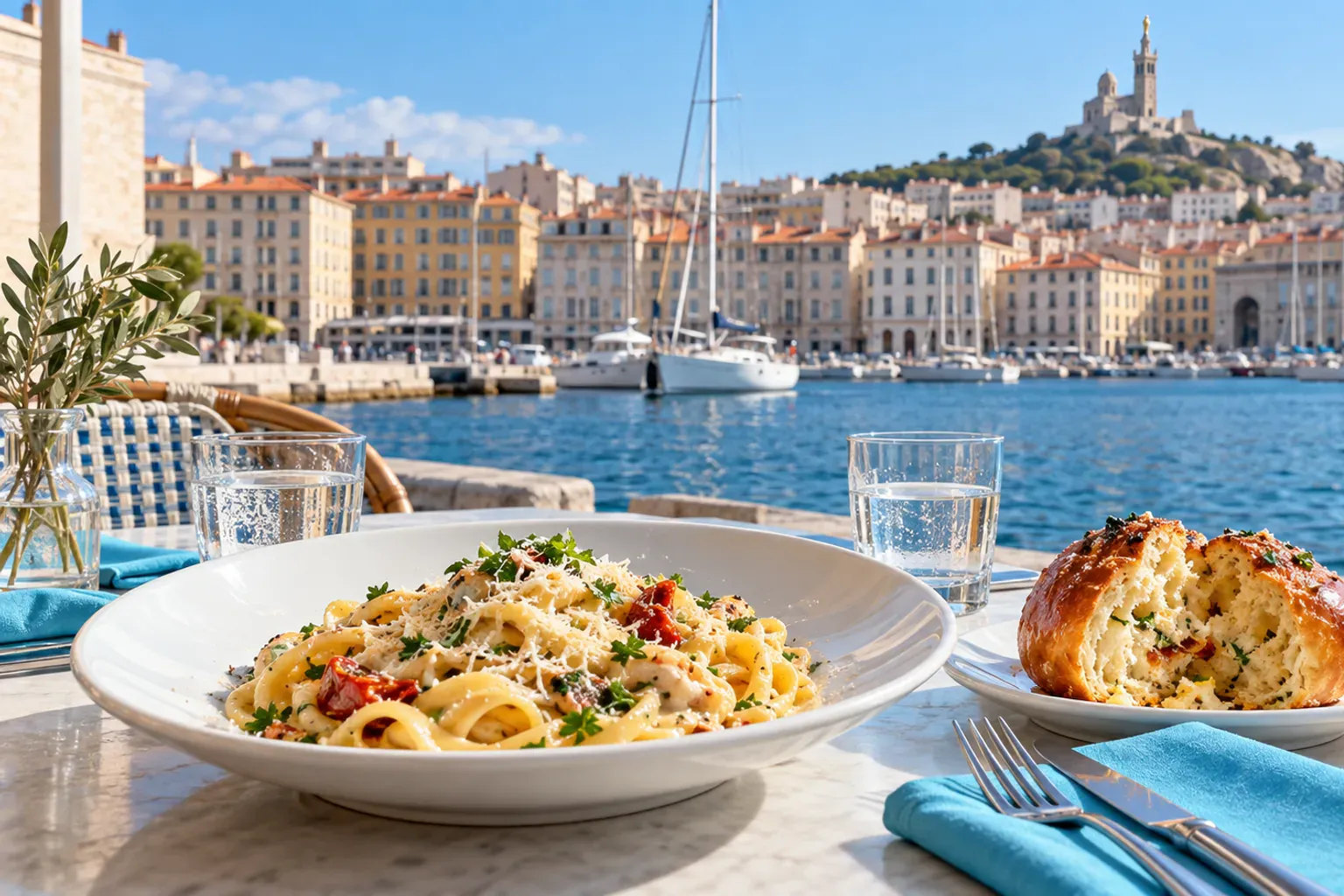 Devanture rayée bleu et blanc et terrasse de Pastagars rue Caisserie, l'étape repas au Vieux-Port après la visite de Notre-Dame de la Garde
