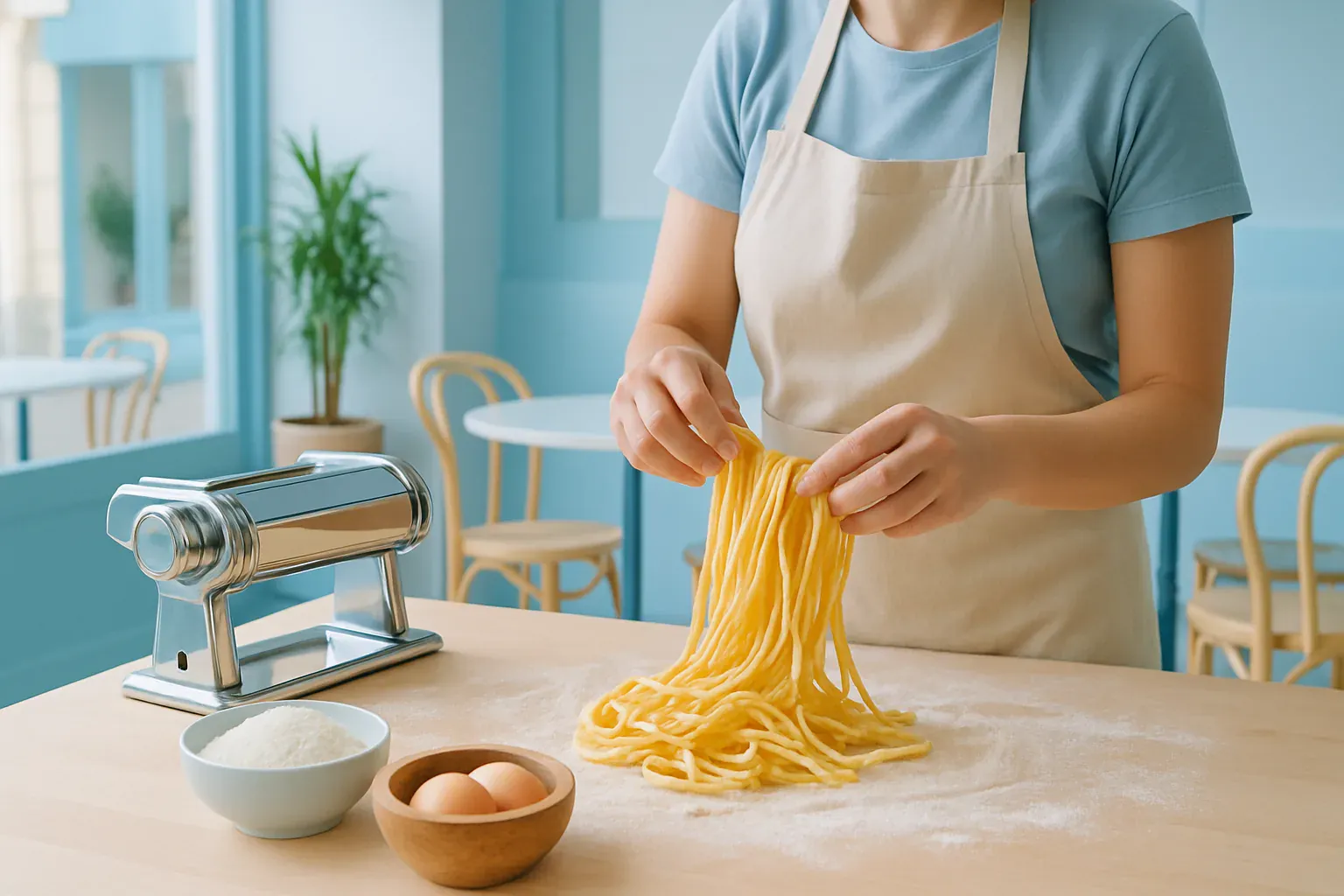 Illustration : le geste des pâtes fraîches maison, pétries sur place chez Pastagars