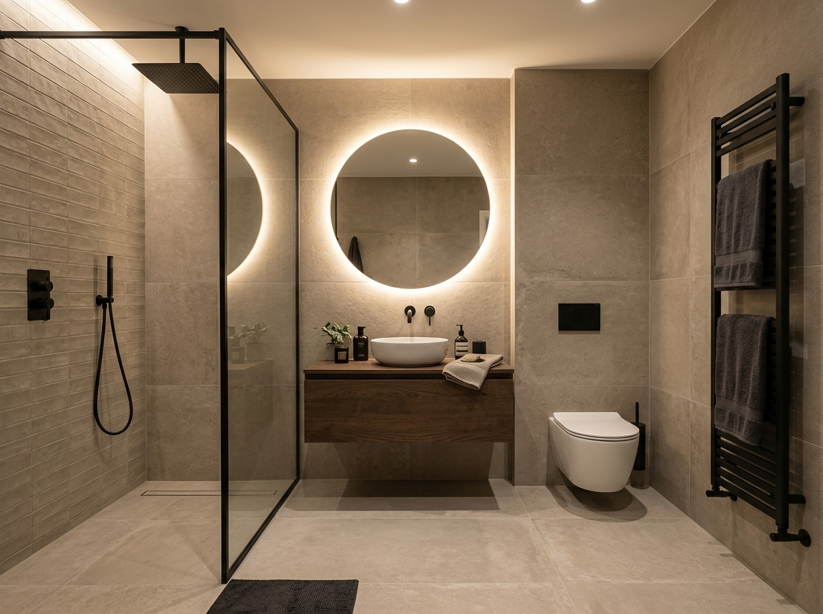 Salle de bain avec douche à l'italienne, vasque en bois et miroir rond, dont on entretient bondes et siphons contre les odeurs