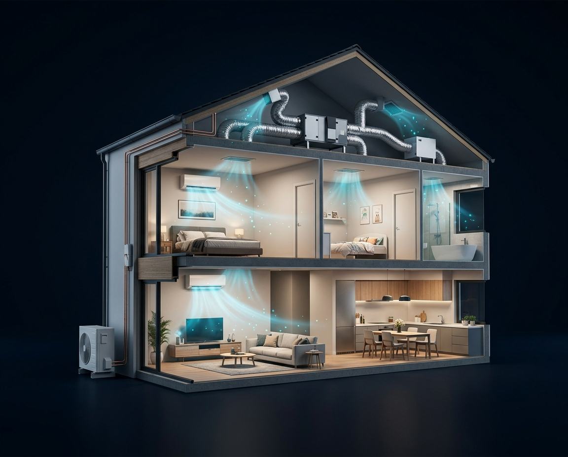 Coupe 3D d'une maison chauffée et rafraîchie par une pompe à chaleur réversible, adaptée au climat doux de Marseille