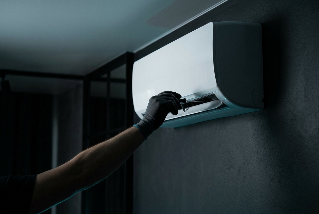 Technicien ganté effectuant l'entretien d'une unité murale de pompe à chaleur air/air