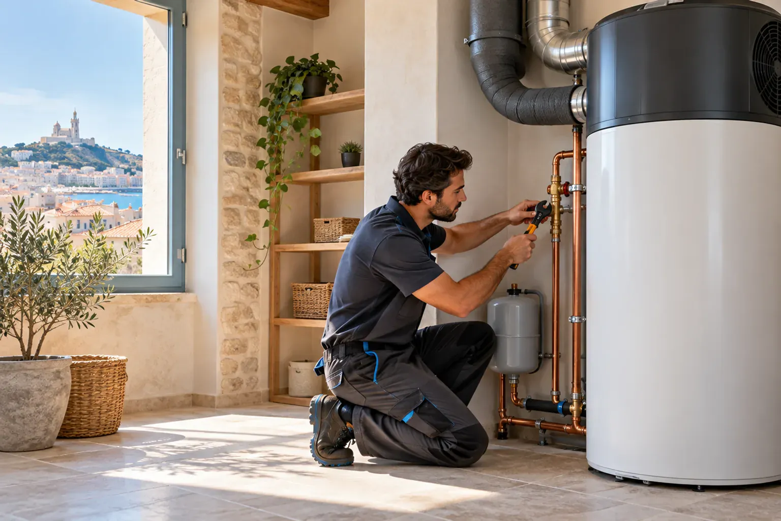 Coupe 3D d'une maison montrant le réseau d'eau chaude sanitaire alimenté par un chauffe-eau