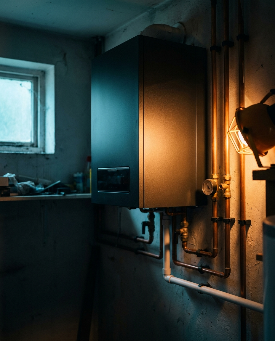 Chaudière murale gaz moderne et son manomètre de pression dans une chaufferie à Marseille