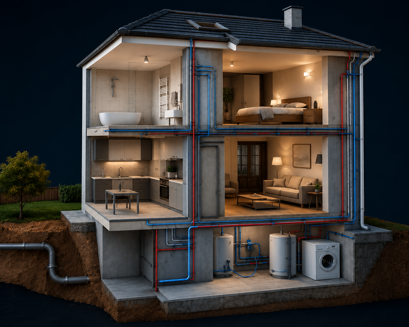 Illustration en coupe d'une maison montrant le réseau d'évacuation relié aux toilettes