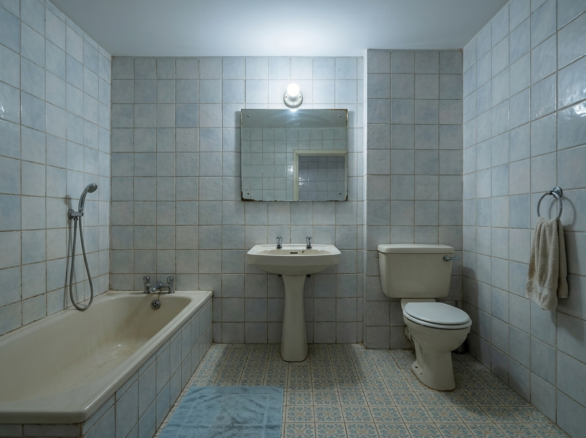 Salle de bain carrelée ancienne avec WC, baignoire et lavabo dont les évacuations partagent une colonne commune