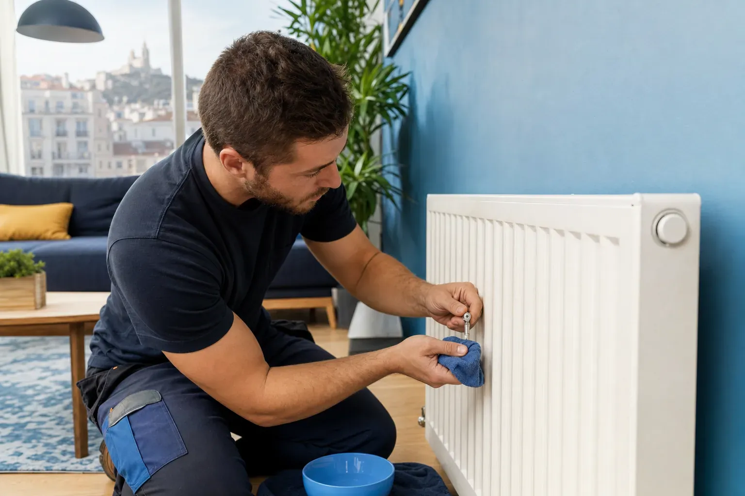 Illustration pas-à-pas d'une main purgeant un radiateur à l'aide d'une clé de purge à Marseille