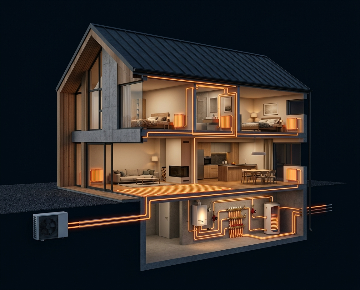 Coupe illustrée d'une maison montrant le circuit de chauffage et la circulation de l'eau dans les radiateurs