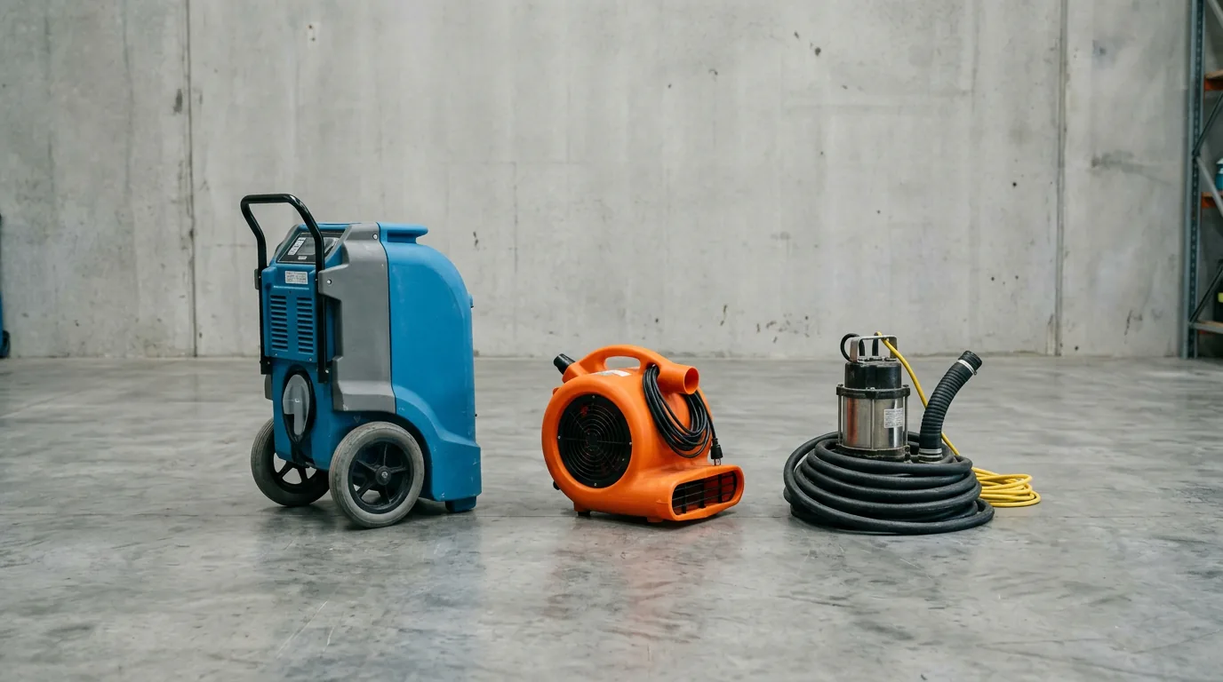 Déshumidificateur, brasseur d’air et pompe à eaux chargées prêts à être loués