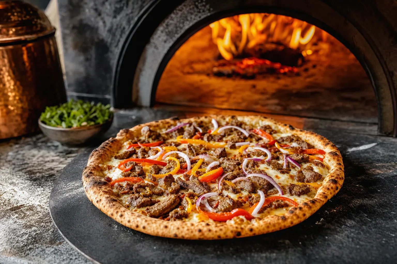 Illustration d'une pizza halal cuite au feu de bois, sur fond chaleureux aux tons de braise
